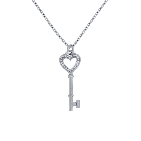 Tiffany & Co. 18k White Gold Diamond Heart Key Mini Pendant 1"