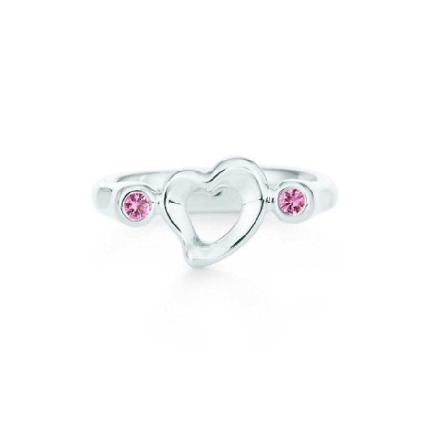 Tiffany & Co. Silver Elsa Peretti Open Heart With Pink Sapphires Size 5 Ring