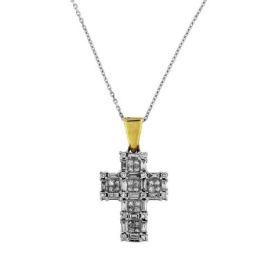 Two Tone 14k Gold Diamond Cross With Chain