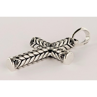 David Yurman Chevron Sculpted Cross Pendant Sterling Silver with Black Diamonds