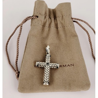 David Yurman Chevron Sculpted Cross Pendant Sterling Silver with Black Diamonds