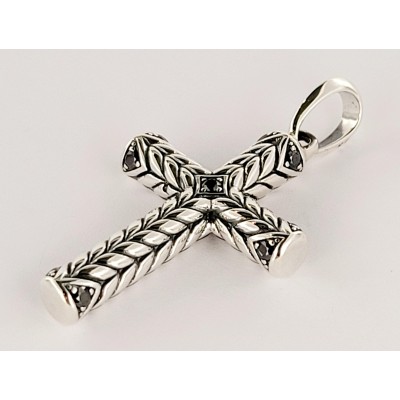 David Yurman Chevron Sculpted Cross Pendant Sterling Silver with Black Diamonds