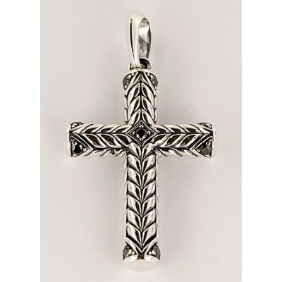 David Yurman Chevron Sculpted Cross Pendant Sterling Silver with Black Diamonds