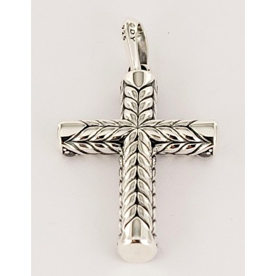 David Yurman Chevron Sculpted Cross Pendant Sterling Silver with Black Diamonds