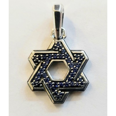 Deco Star of David Pendant Sterling Silver with Blue Sapphire Diamonds