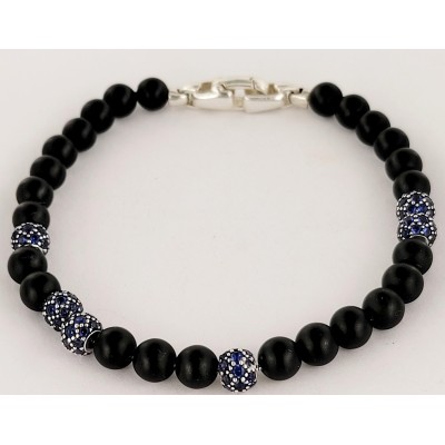 David Yurman Spiritual Beads Bracelet Sterling Silver with Black Onyx and Pave Sapphires, 6mm