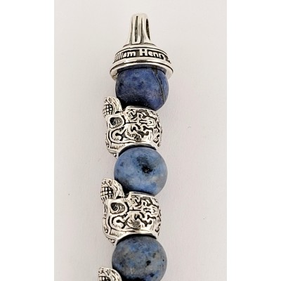 William Henry Alternating Silver Skulls Blue Onyx Men's Bead Bracelet