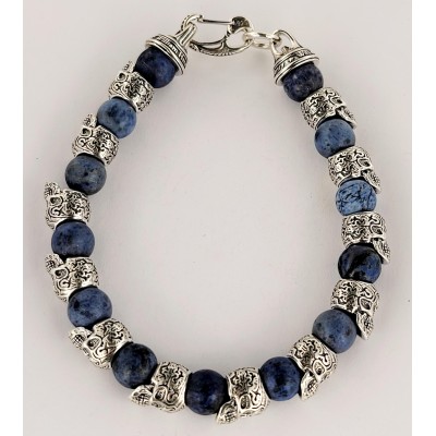 William Henry Alternating Silver Skulls Blue Onyx Men's Bead Bracelet