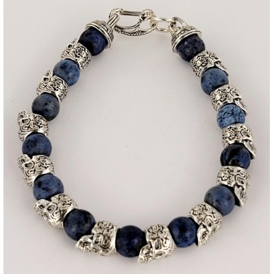 William Henry Alternating Silver Skulls Blue Onyx Men's Bead Bracelet