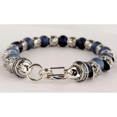 William Henry Alternating Silver Skulls Blue Onyx Men's Bead Bracelet