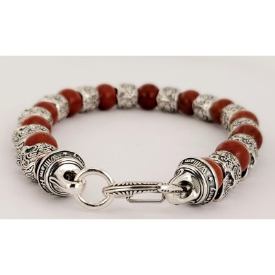 William Henry Alternating Silver Skulls Caramel Onyx Men's Bead Bracelet