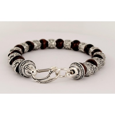 William Henry Alternating Silver Skulls Tyger-Eye Onyx Men's Bead Bracelet