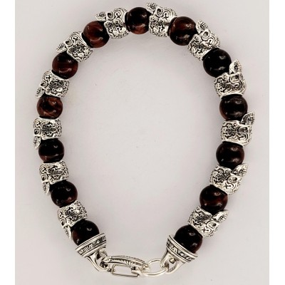 William Henry Alternating Silver Skulls Tyger-Eye Onyx Men's Bead Bracelet