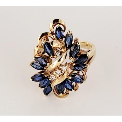 Vintage Marquise Blue Sapphire and Diamond Outstanding Set in 14K Yellow Gold