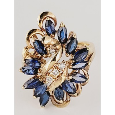 Vintage Marquise Blue Sapphire and Diamond Outstanding Set in 14K Yellow Gold