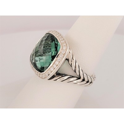 David Yurman Sterling Silver 14mm Prasiolite Diamond Albion Ring Size 8