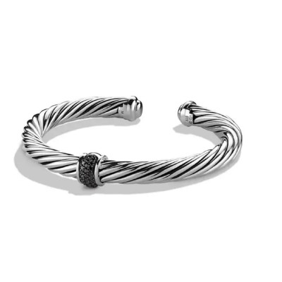 David Yurman Sterling Silver Black Diamond Cable Classics Station Bracelet 7mm