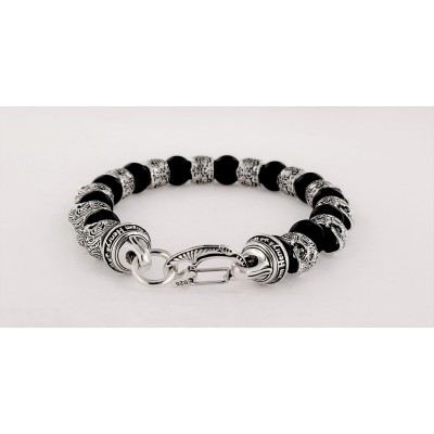 WILLIAM HENRY ALTERNATING SILVER SKULLS BLACK ONYX MENS BEAD BRACELET