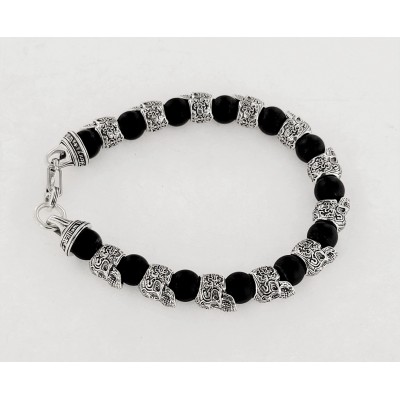 WILLIAM HENRY ALTERNATING SILVER SKULLS BLACK ONYX MENS BEAD BRACELET