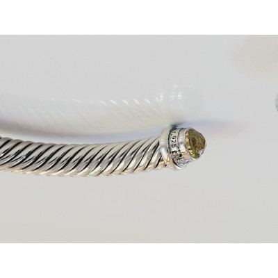 David Yurman 925 Silver 5mm Cable Lemon Citrine & Diamond Cuff Bracelet