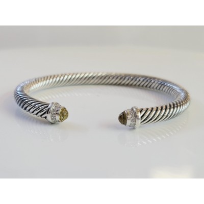 David Yurman 925 Silver 5mm Cable Lemon Citrine & Diamond Cuff Bracelet