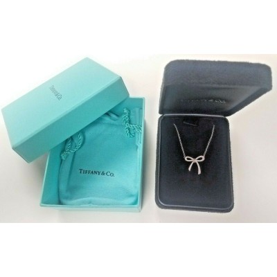 TIFFANY & Co 18K White Gold Diamond Metro Bow Mini Necklace