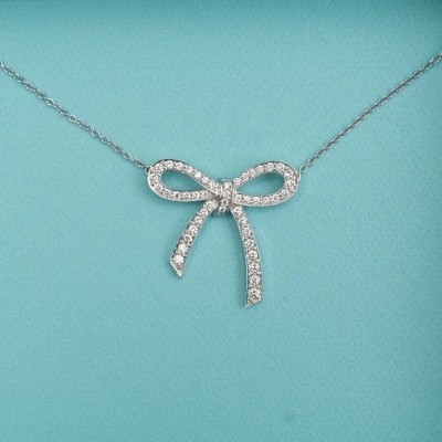 TIFFANY & Co 18K White Gold Diamond Metro Bow Mini Necklace