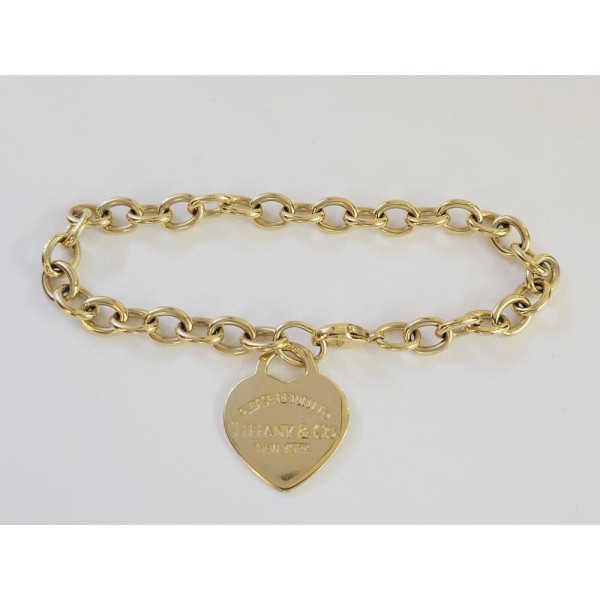 Tiffany Co. 18k Yellow Gold Heart Tag Charm Oval Chain Bracelet