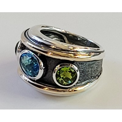 David Yurman Renaissance Blue Topaz & Peridot Sterling Silver and Gold band ring