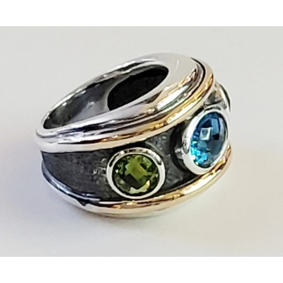 David Yurman Renaissance Blue Topaz & Peridot Sterling Silver and Gold band ring