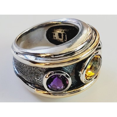 David Yurman Renaissance 3 Stone Citrine & purple Sterling Silver band ring