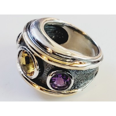 David Yurman Renaissance 3 Stone Citrine & purple Sterling Silver band ring