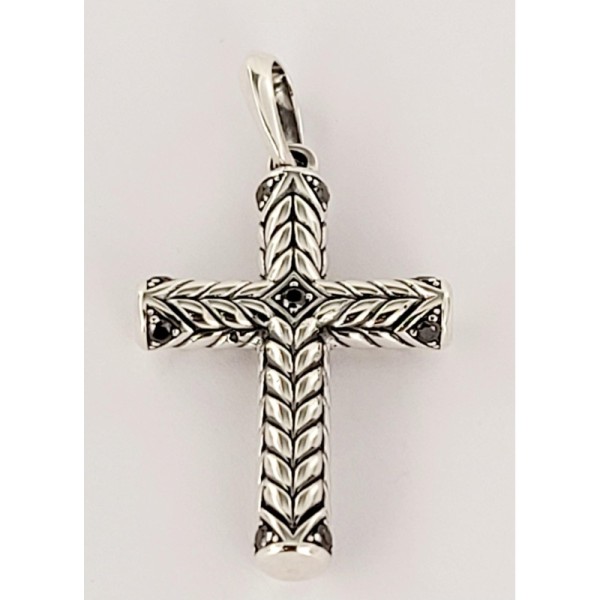 David Yurman Chevron Sculpted Cross Pendant Sterling Silver with Black Diamonds