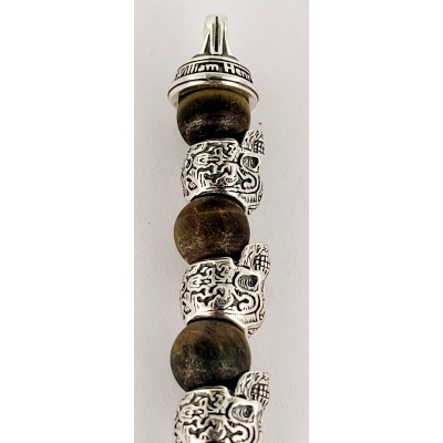 William Henry Alternating Silver Skulls Tiger Eye  Onyx Men's Bead Bracelet