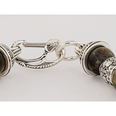 William Henry Alternating Silver Skulls Tiger Eye  Onyx Men's Bead Bracelet