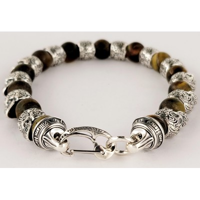 William Henry Alternating Silver Skulls Tiger Eye  Onyx Men's Bead Bracelet