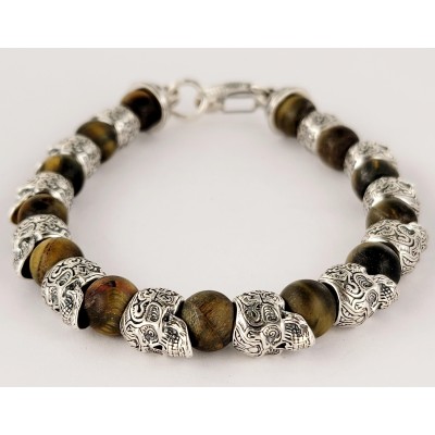 William Henry Alternating Silver Skulls Tiger Eye  Onyx Men's Bead Bracelet