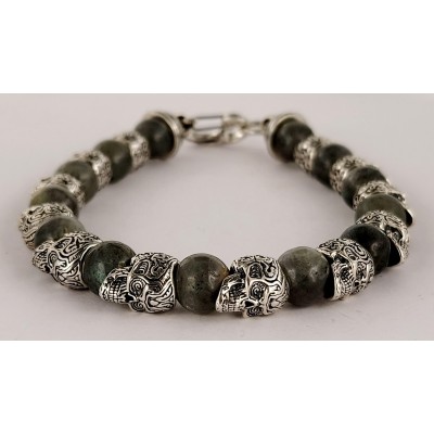 William Henry Alternating Silver Skulls Grey  Onyx Men's Bead Bracelet