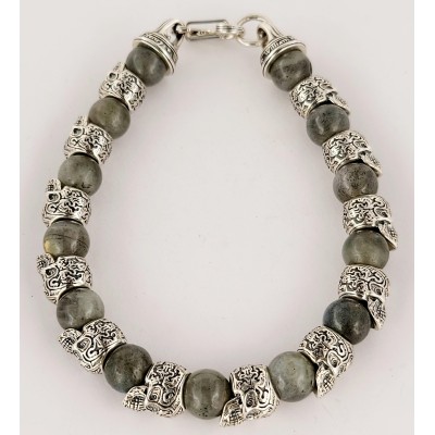 William Henry Alternating Silver Skulls Grey  Onyx Men's Bead Bracelet