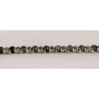 William Henry Alternating Silver Skulls Grey  Onyx Men's Bead Bracelet