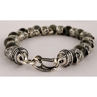 William Henry Alternating Silver Skulls Grey  Onyx Men's Bead Bracelet