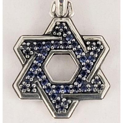 Deco Star of David Pendant Sterling Silver with Blue Sapphire Diamonds