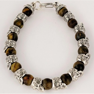 William Henry Alternating Silver Skulls Tiger Eye  Onyx Men's Bead Bracelet