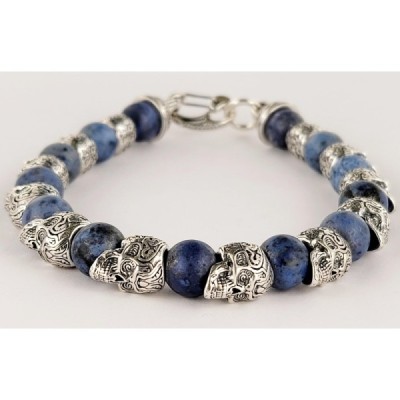 William Henry Alternating Silver Skulls Blue Onyx Men's Bead Bracelet