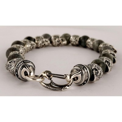 William Henry Alternating Silver Skulls Grey  Onyx Men's Bead Bracelet