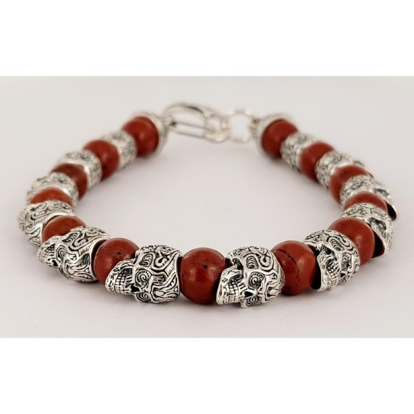 William Henry Alternating Silver Skulls Caramel Onyx Men's Bead Bracelet