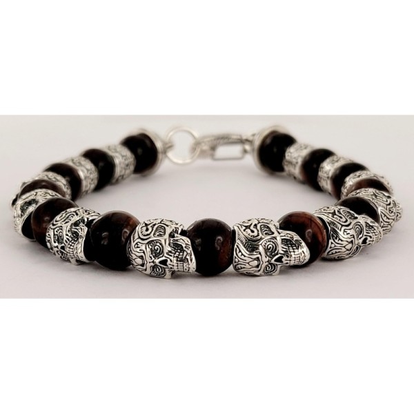 William Henry Alternating Silver Skulls Tyger-Eye Onyx Men's Bead Bracelet