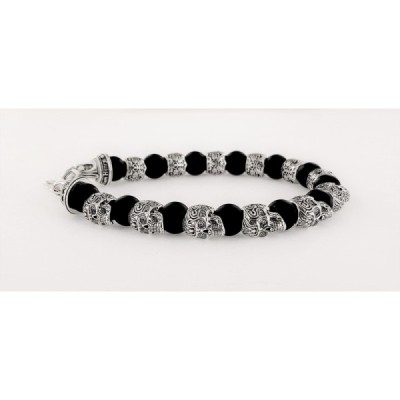 WILLIAM HENRY ALTERNATING SILVER SKULLS BLACK ONYX MENS BEAD BRACELET