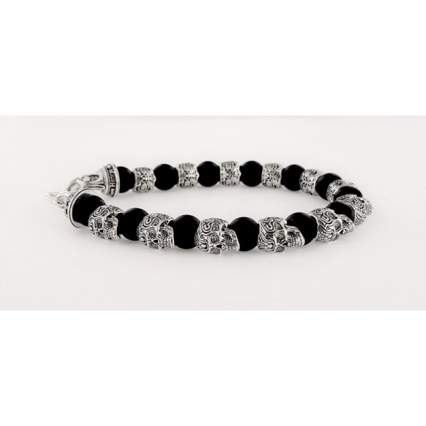 WILLIAM HENRY ALTERNATING SILVER SKULLS BLACK ONYX MENS BEAD BRACELET