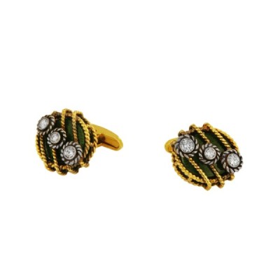 David Webb Yellow Gold Green Enamel & Diamond Cufflinks